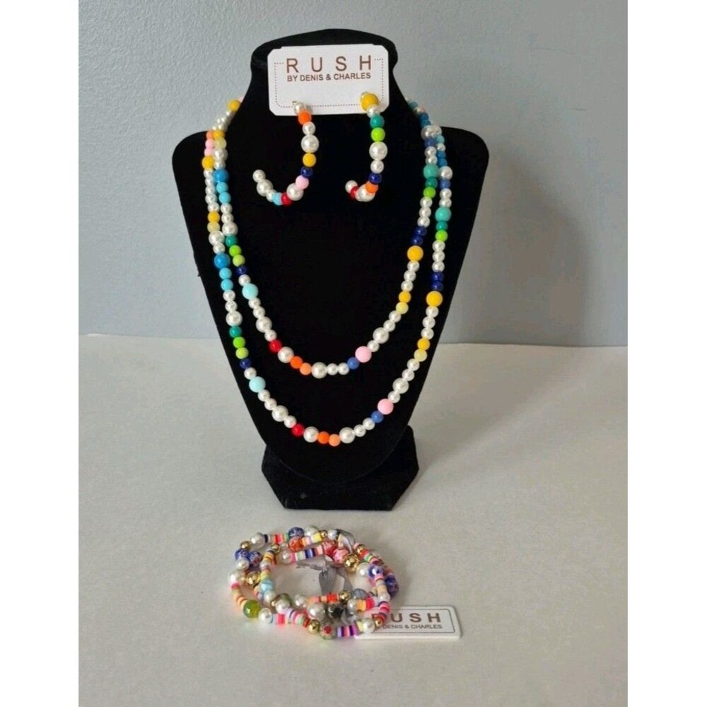 Rush by Denis & Charles 3 PC Rainbow Pearl Boho Beaded Jewelry Set Necklace New